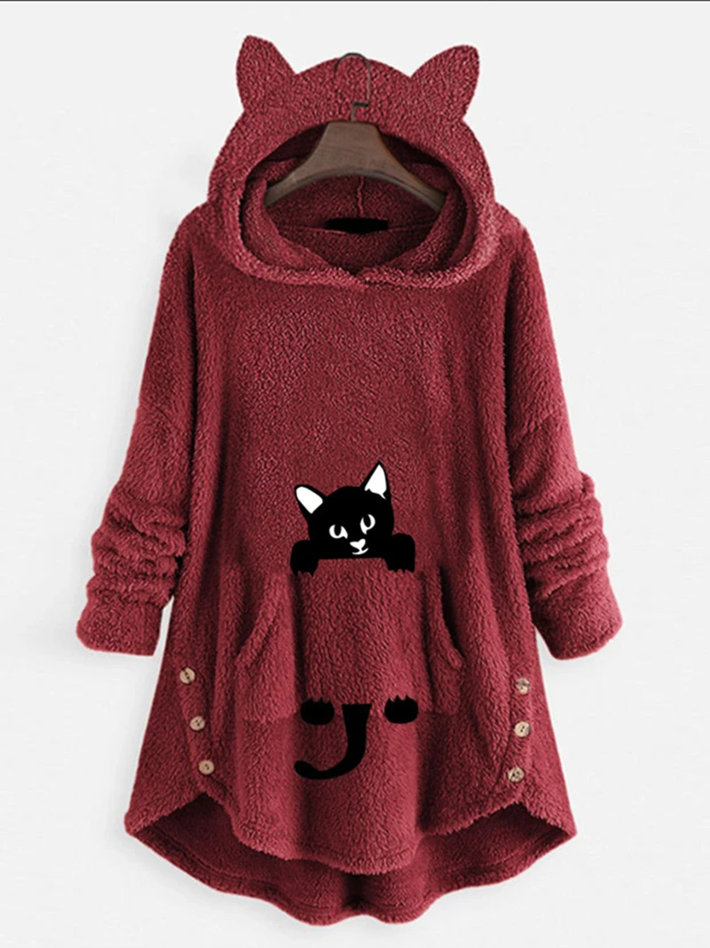 Winter Fleece Oversize Hoodies Women Cartoon Cat Button Hooded Shirt Fluffy Warm Long Sleeve Pullover Homewear Sweatshirt Casual