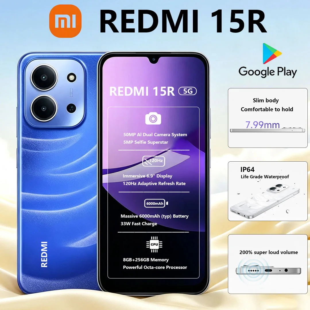 New Xiaomi Redmi 15R 5G Smartphone 6.9" Eye-protecting Screen 6000mAh Battery 33W Charging Global Version Dual-SIM Gaming Phone
