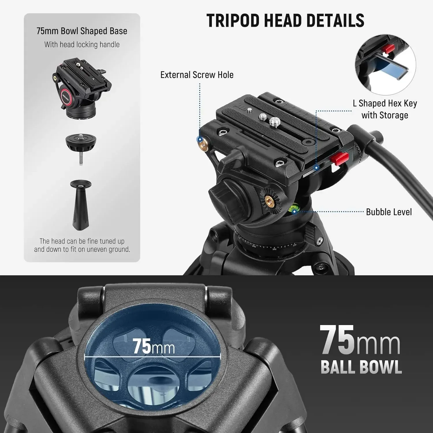جديد NEEWER 74 بوصة Pro Video Tripod مع رأس سائل QR لوحة كاميرا متينة ترايبود مع مقبض تلسكوبي قاعدة متدرجة لـ DSLR #6