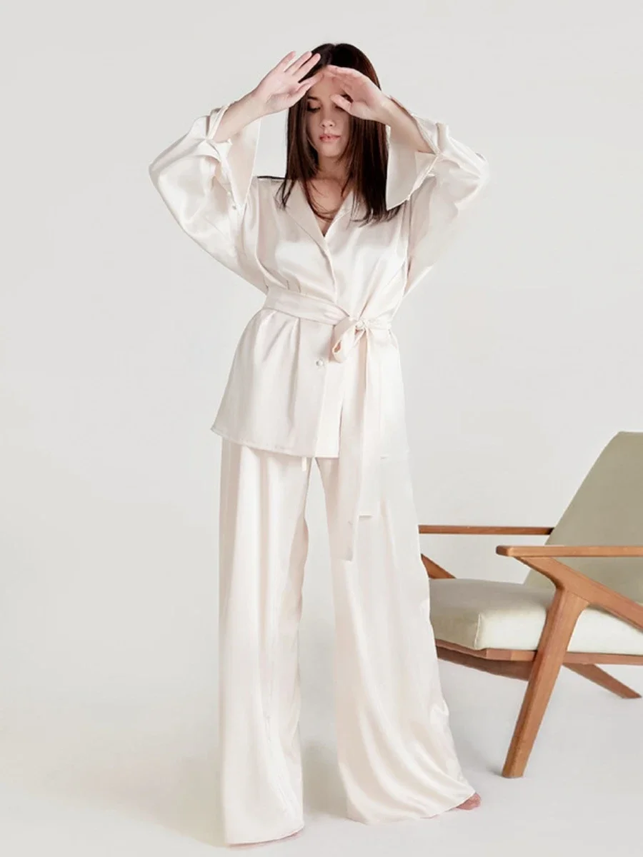 Mozuleva Autumn Winter New Ice Silk Pajamas Two-piece Set Women's Comfortable Imitation Silk Nightgown Pants Designed Home Suit