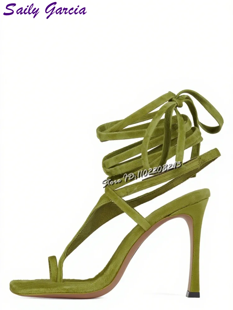 

Замшевые сандалии на шпильке цвета авокадо, шлепанцы на высоком каблуке с квадратным носком и мелкой шнуровкой, лето 2021, женская новая обувь с перекрестными ремешками