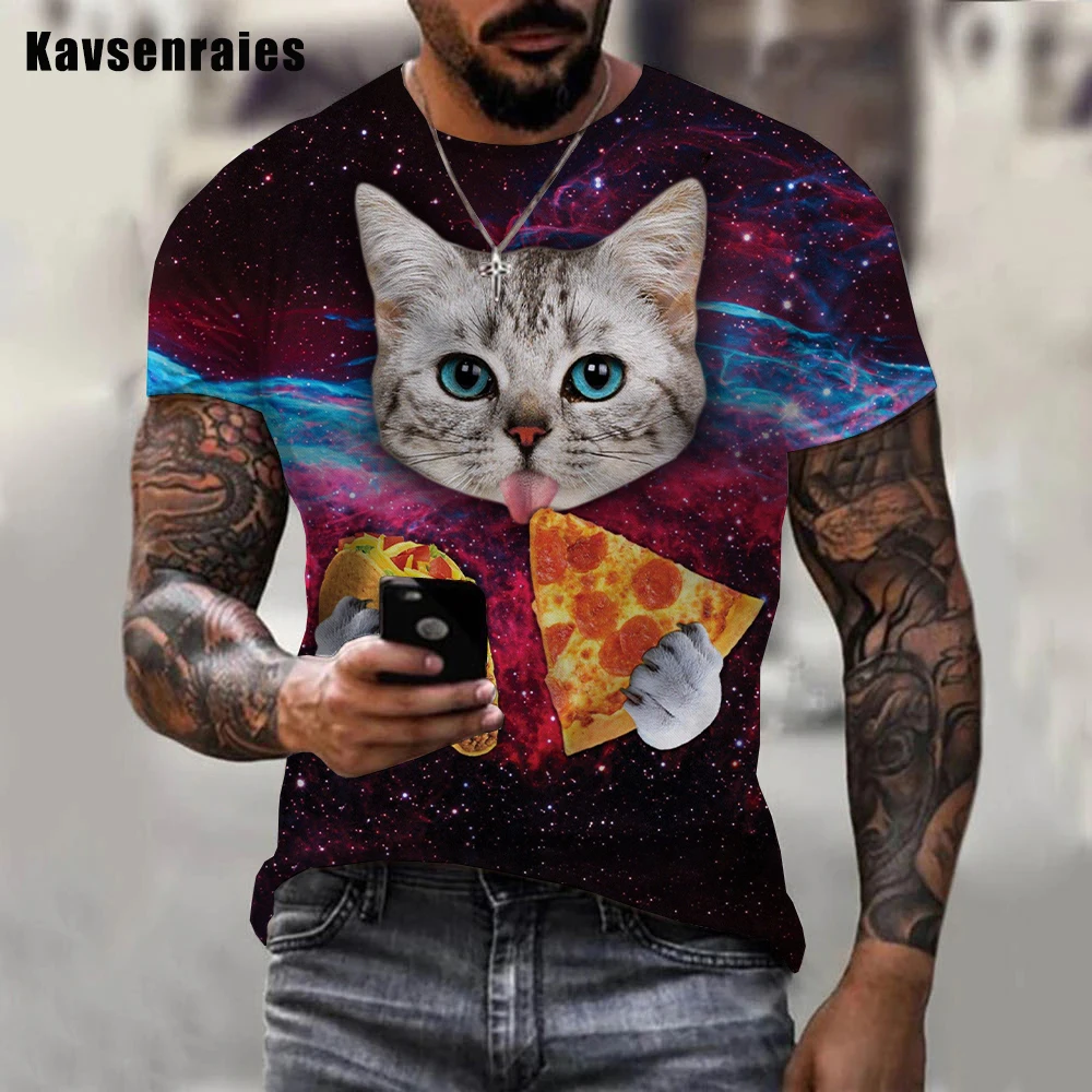 New Galaxy Space Colorful 3D T-shirt Lovely Animal Cat Eat Taco Pizza Printed T Shirt Men Women Hip Hop Fashion Casual Tops