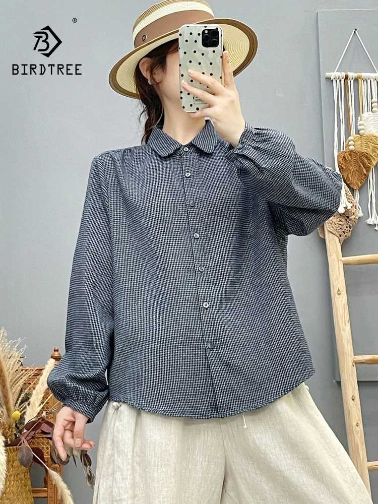 

New 2025 Autumn Cotton Long Sleeve Brushed Shirt, Women Turn-down Collar Plaid, Mori Girl Fashion Casual Loose Blouse T58980CC