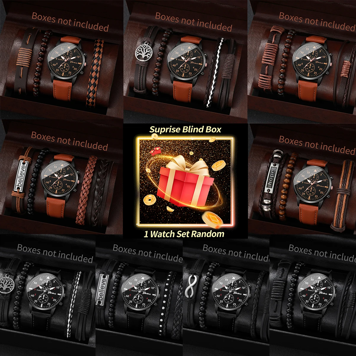 

Набор загадочных часов-сюрприз, слепая коробка, модные мужские деловые часы, кварцевые часы с кожаным ремешком, винтажный набор браслетов (без коробки)