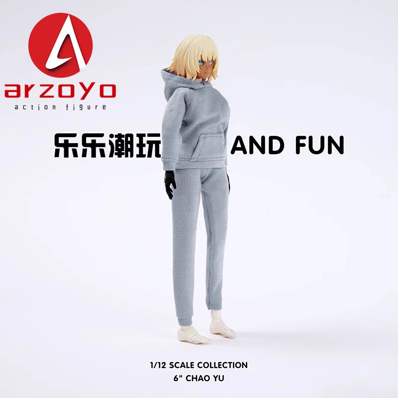 Model ubrań w skali 1/12: bluza sportowa z kapturem i spodnie, pasuje na figurki żołnierzyki damskie Romankey o wysokości 6 cali, modelujące się na żółwiu.