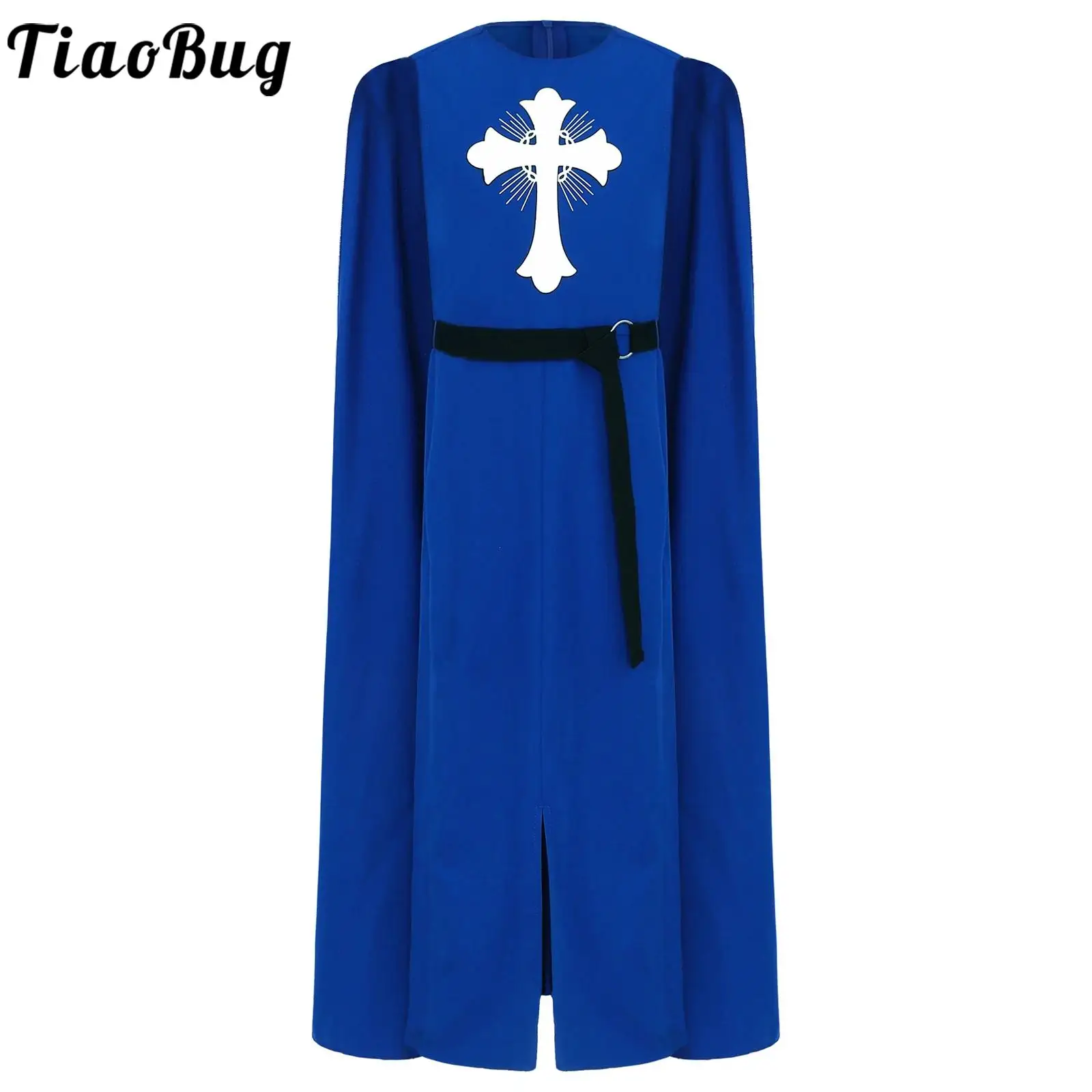 

Boys Medieval Knight Warrior Halloween Costume Cross Print Robe with Cape and Waist Belt for Themed Party Role Play Party