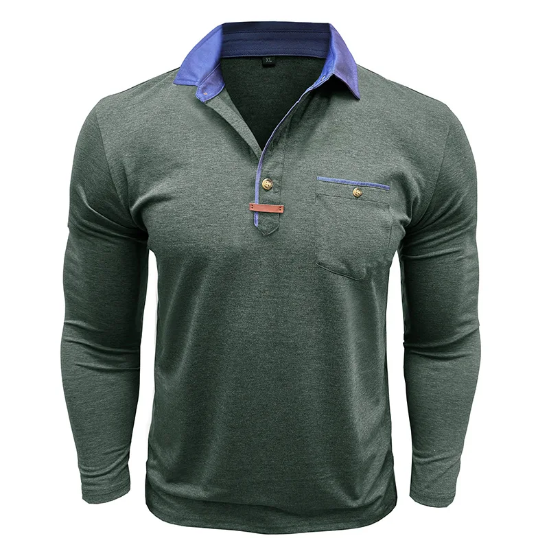 Langarm-Poloshirt für Herren, lässig, schmale Passform, Henley-Kragen, T-Shirt mit Tasche, Smart Blend Tops – Detail 19