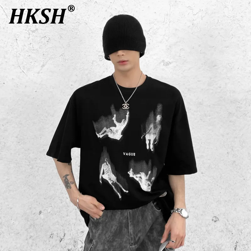 

HKSH American Retro 3D Printed Short Sleeve T-shirt Men's Chic Round Collar Dark Niche Design Loose Casual Versatile Tees HK0515