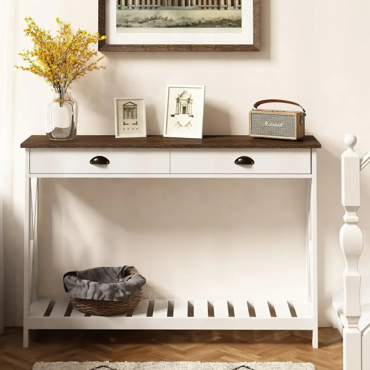 Narrow Long Entry Table with Shelf for Living Room, Rustic Vintage Hallway Sofa Table with Stable X Supports, White