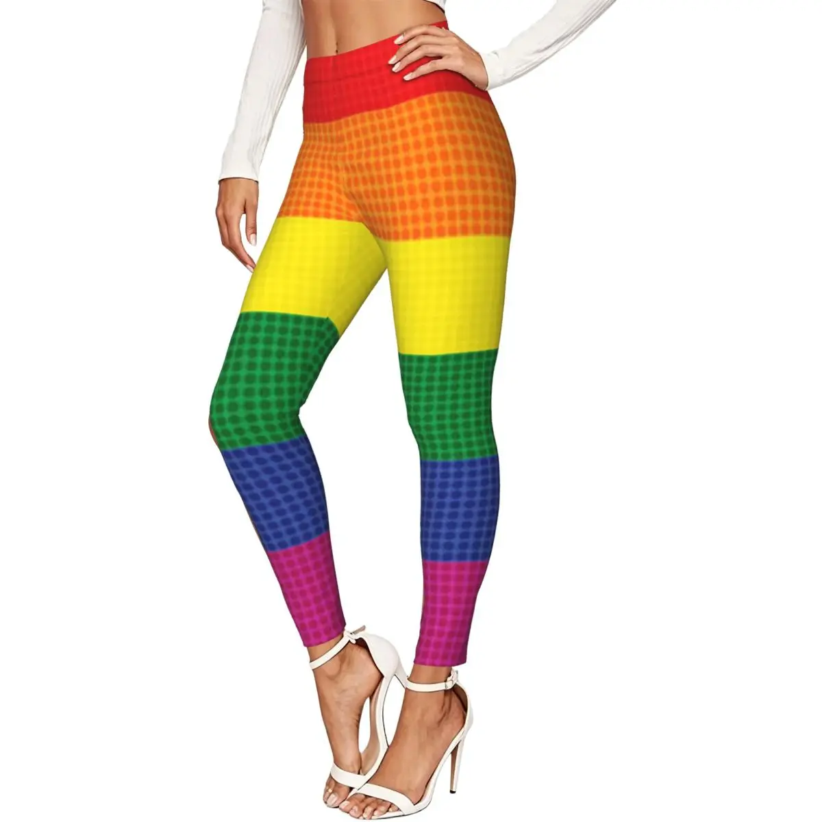 Rainbow With Dot Texture Women Leggings High Waisted Stretch Tights Workout Running Pants