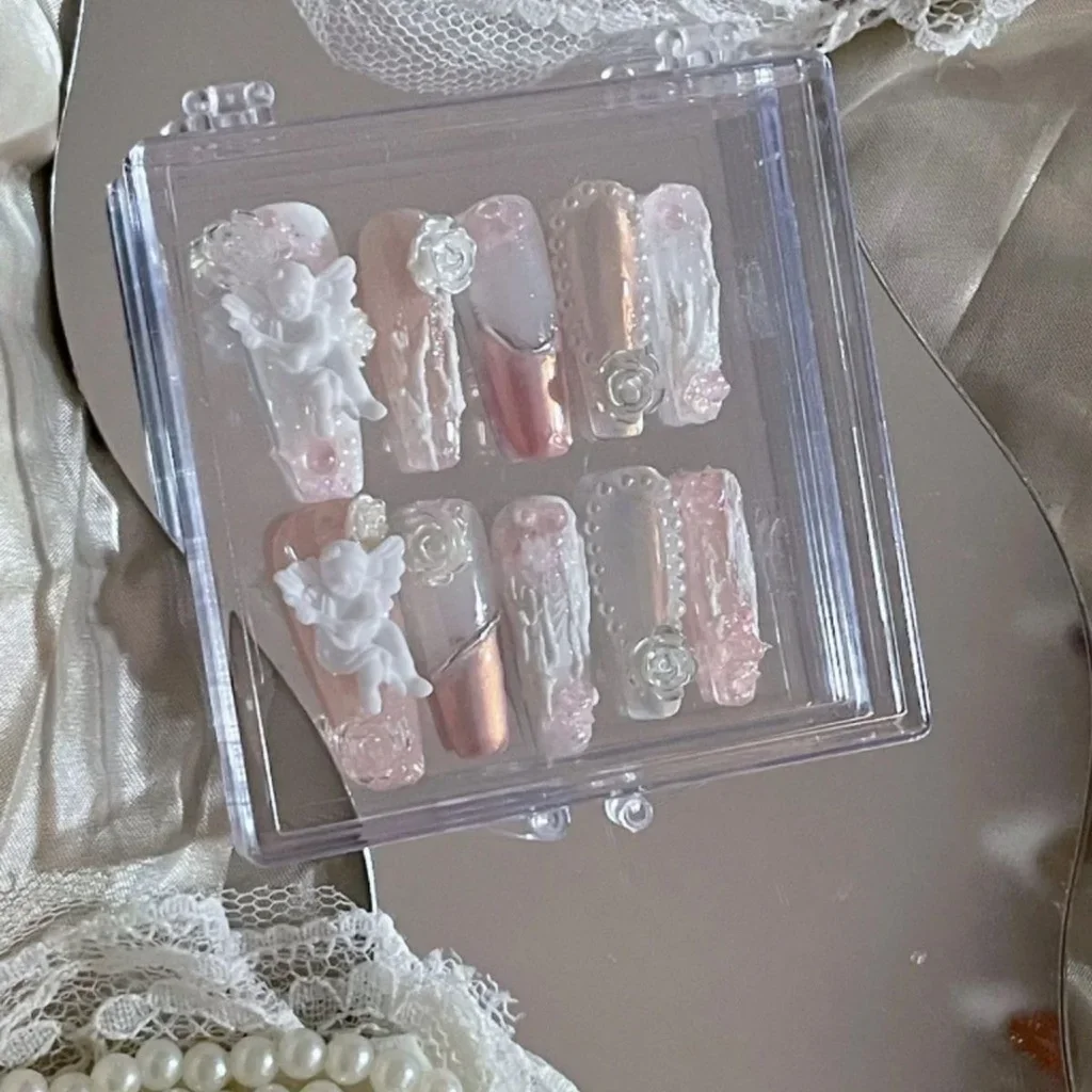 

10 Pcs Pink Handmade Nail Gentle and Beautiful Nail Art Sweet Camellia Fake Nails Finished Patch