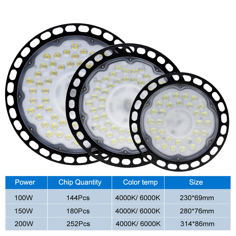 AC220V LED High Bay Light 100W 150W 200W SMD2835 4000K 6000K Wysoka jasność Komercyjny przemysłowy warsztat garażowy Lampy UFO