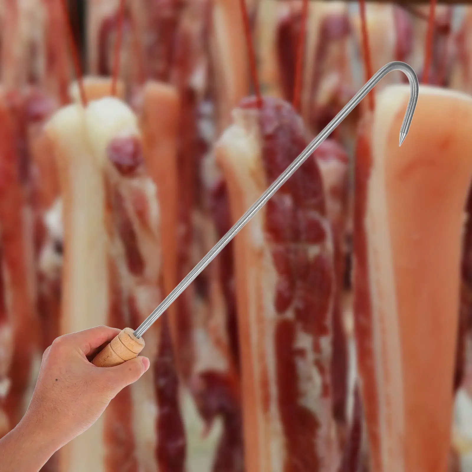 

Wooden Handle Meat Hook Single Grill Hook Sturdy Bbq Tool for Turning Pulling Large Meat Seafood Vegetables Outdoor Cooking