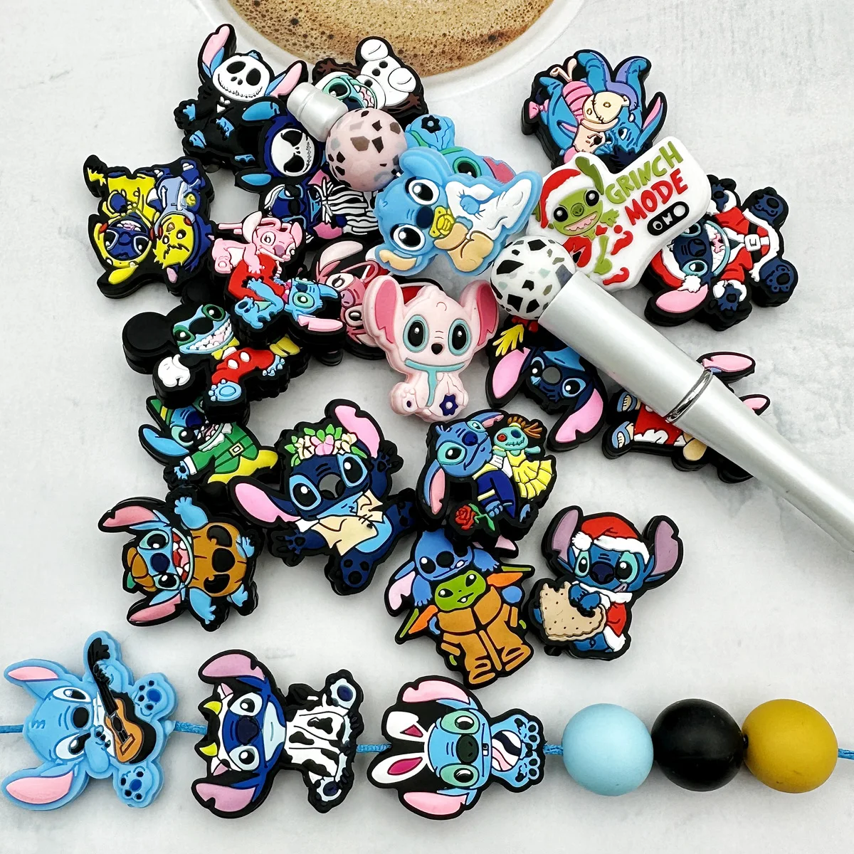 10PCS Silikon Perlen Cartoon Stich Fokus Perlen Beißring Perlen Baby Spielzeug DIY Nippel Kette Schmuck Zubehör Großhandel Kawai Geschenk