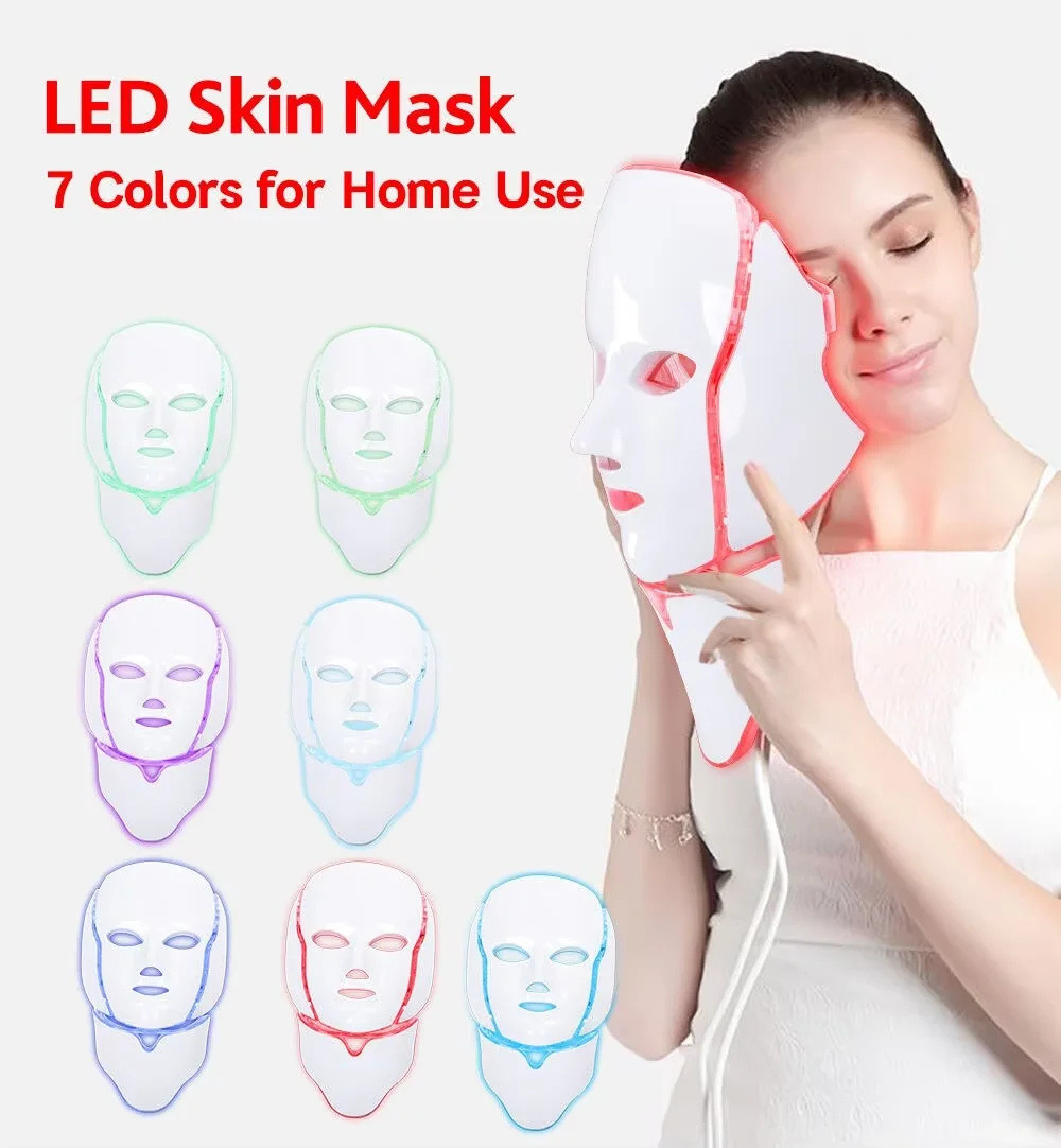 7 Colors Led Facial Mask Red Light Therapy Mask For Physiotherapy With Neck Bio Light Beauty For Home Use Physical Heating Woman