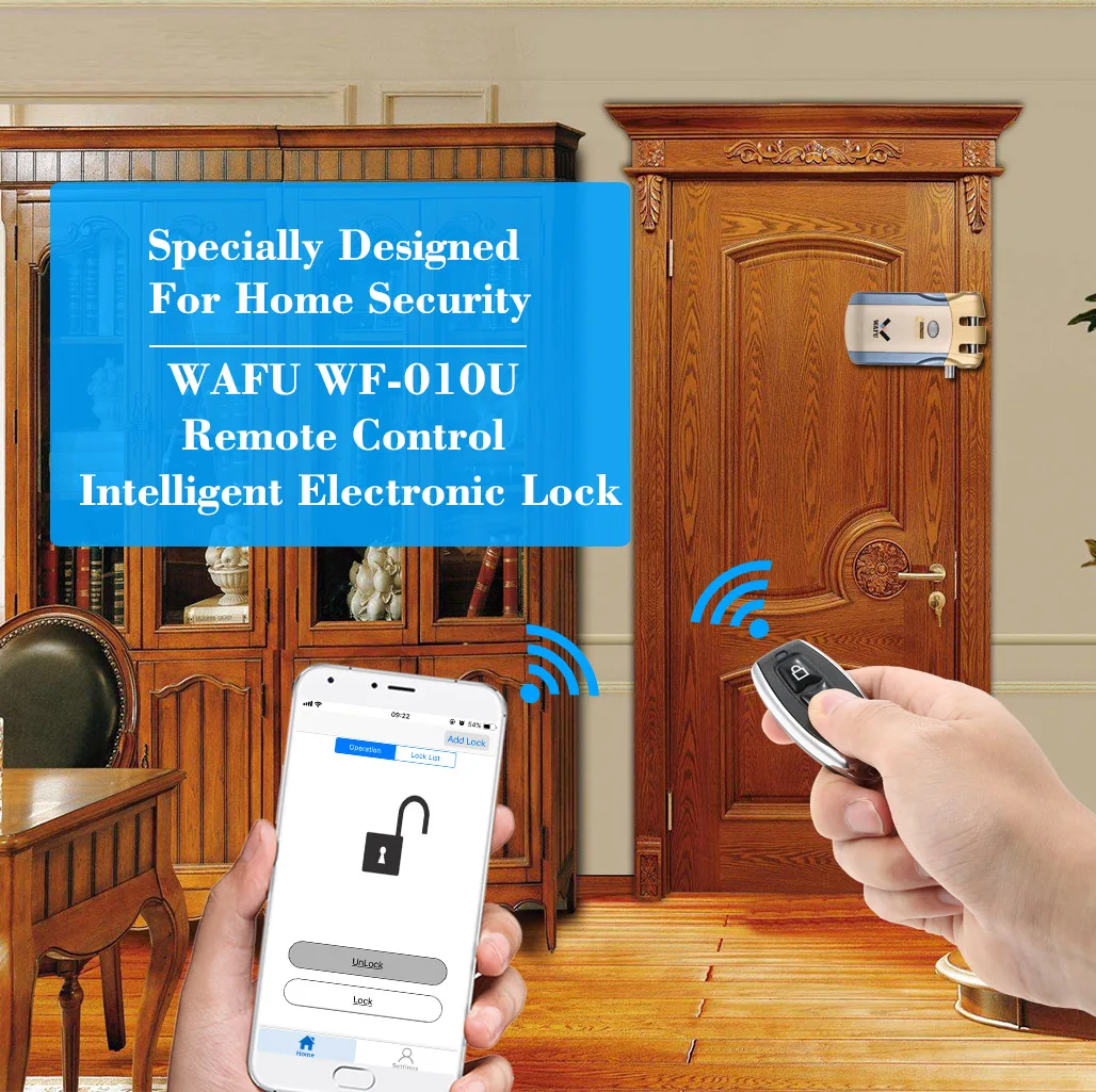 WAFU-cerradura inteligente sin llave para puerta de entrada, dispositivo de seguridad inalámbrico, Invisible, aplicación iOS y Android, desbloqueo con 4 teclas remotas, 010U