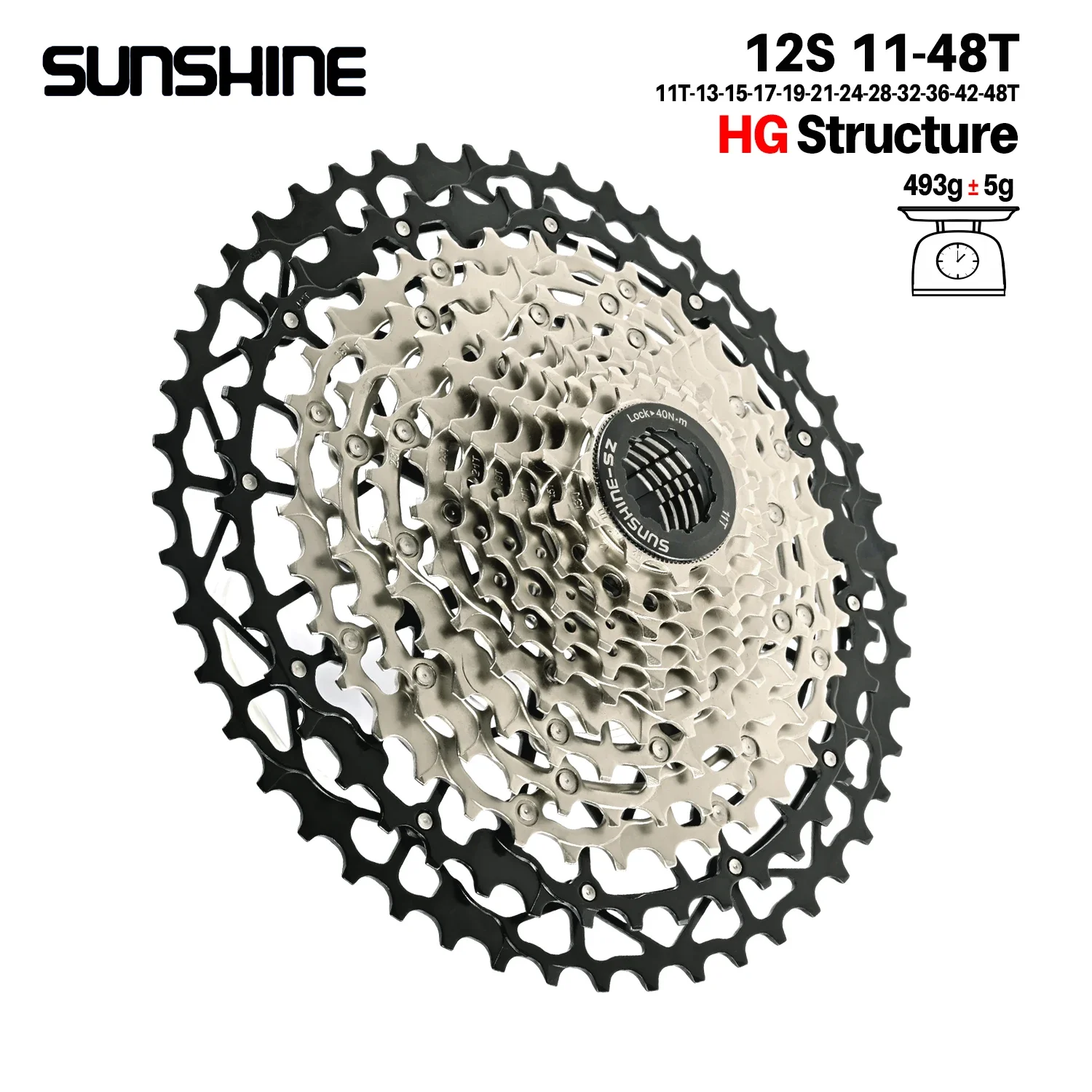 SUNSHINE Ultraleichtes Fahrradkassetten-Freilauf, Kohlenstoffstahl, Material 9/10/11/12/13 Geschwindigkeit, HG-Struktur, Kettenrad für Mountainbike