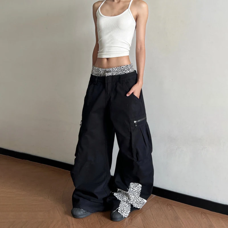 WTHT Fashion Men's Leopard Print Patchwork Loose Pants Trendy 2026 Summer Wide Leg High-waisted Trousers Male 2A3235