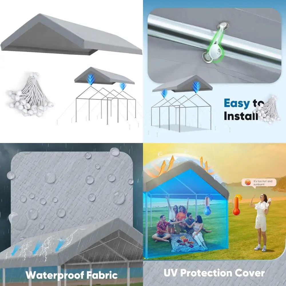 

Gray 12x20 ft Carport Canopy Replacement Top Cover Tarp with Ball Bungees, Outdoor Shelter Roof Only