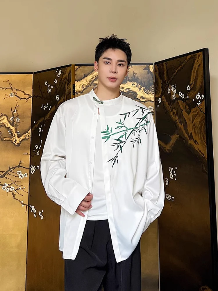 

Весенняя китайская рубашка-поло с длинным рукавом, воротником-стойкой, унисекс, ретро, с атласным принтом, на бамбуковых пуговицах, повседневная, модная