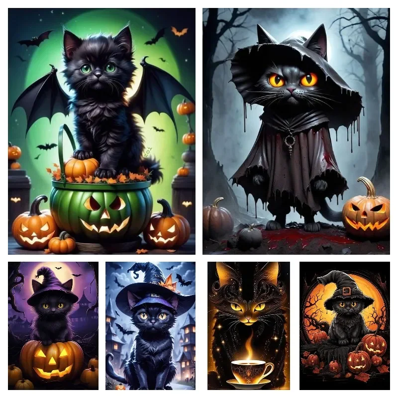 Diamond Painting By Numbers Black Cat Pumpkin,Halloween Gems Paint Kitten DIY Crafts,Semi-finished Painting, Home Decor