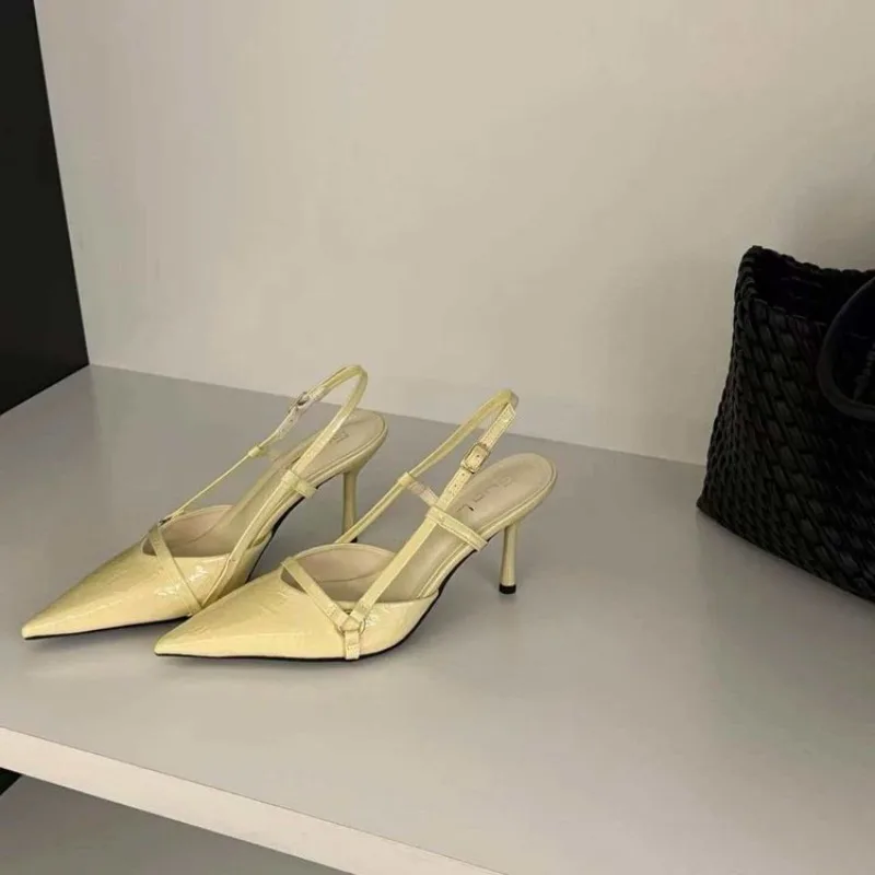 Spring Summer New Pointed Toe High Heel Women's Sandals Belt Buckle Brown Luxury Feel Fashionable Low Cut Ankle Strap Shoes
