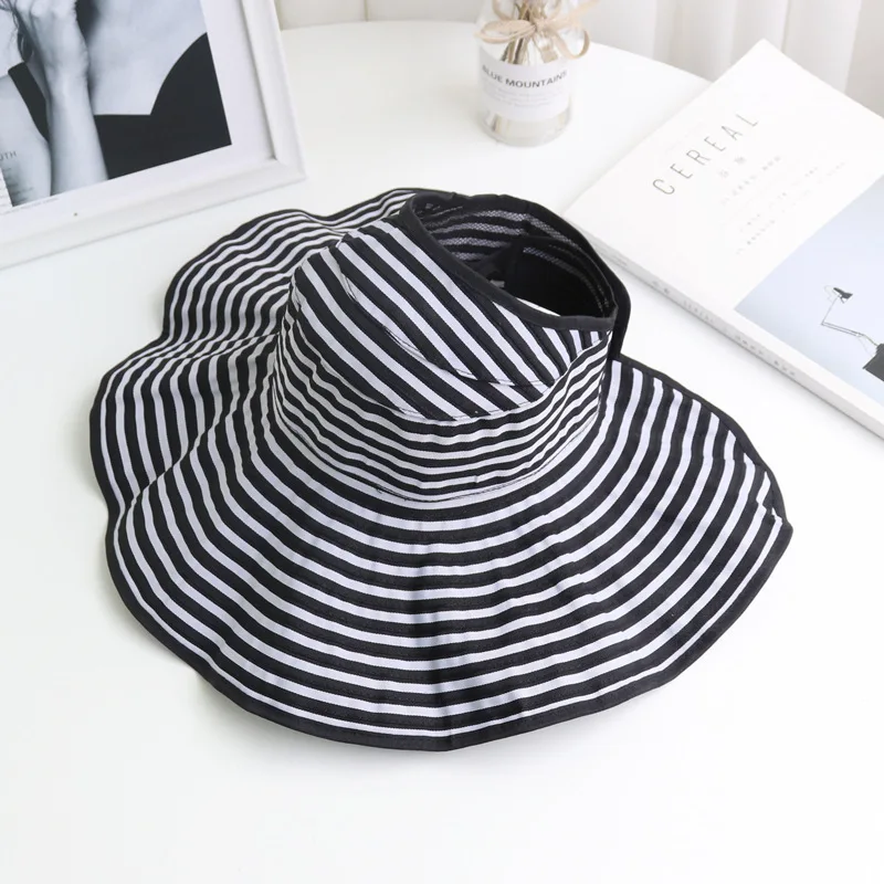 

Outdoor Traveling Foldable Visor Hat Summer Wide Brim Stripe UV Protection Sun Cap For Women Ponytail Caps Beach Fisherman Hats