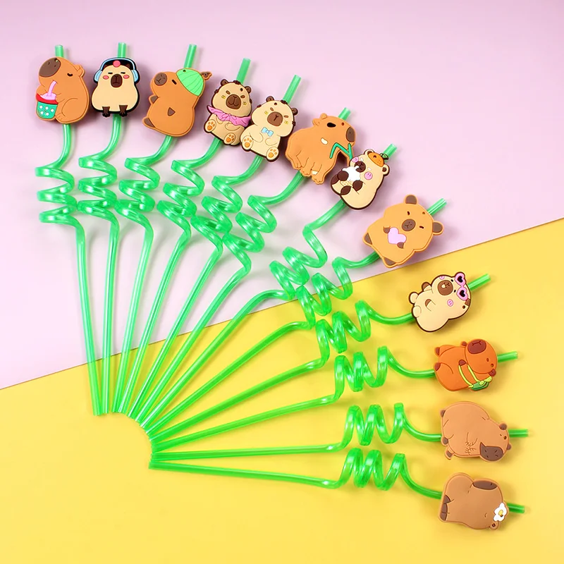 12 stuks cartoon capibara herbruikbare spiraalrietjes, papyrus hagedis thema rietjes voor decoratie, voor feest, verjaardag voor drinkfeest