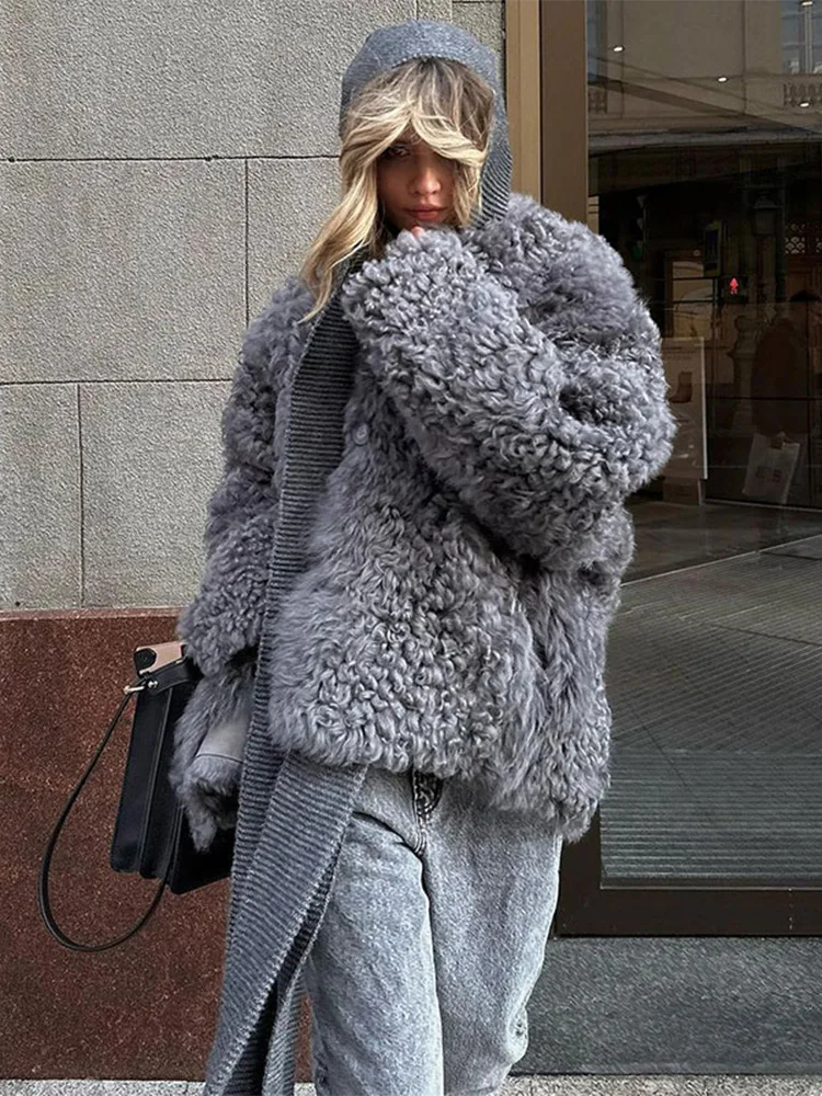 Fashion Grey Teddy Faux Fur Lapel Coat For Women Thick Warm Long Sleeve Short Jacket 2024 Autumn Ladies Commuting Outerwear