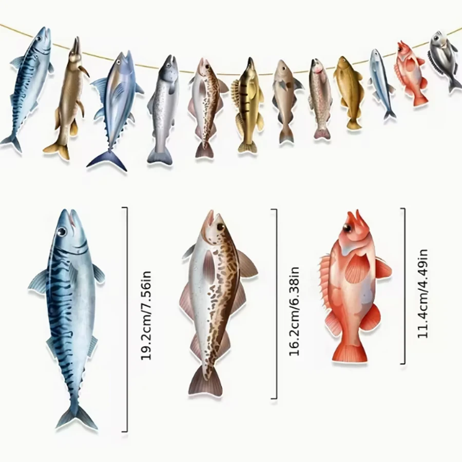 12pcs Fishing Pull Flag Party Decorations Hanging Gone Fish Party Pull Flag Decorations Scene Setup Props
