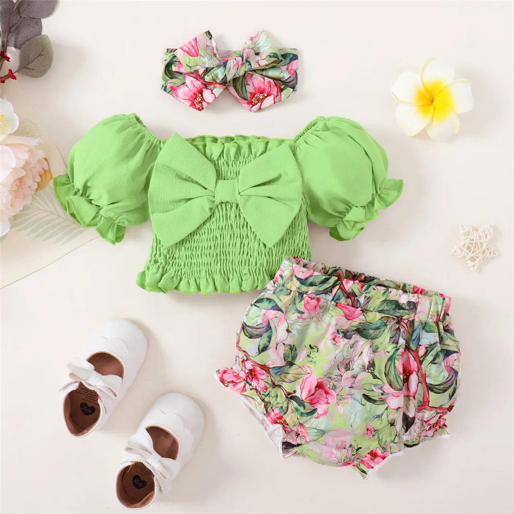 3pcs Clothing Set 6-24 Months Baby Girl Summer Suit Puff Sleeve Top with Bow+Flowers Shorts Toddler Girl Pastoral Style Clothes