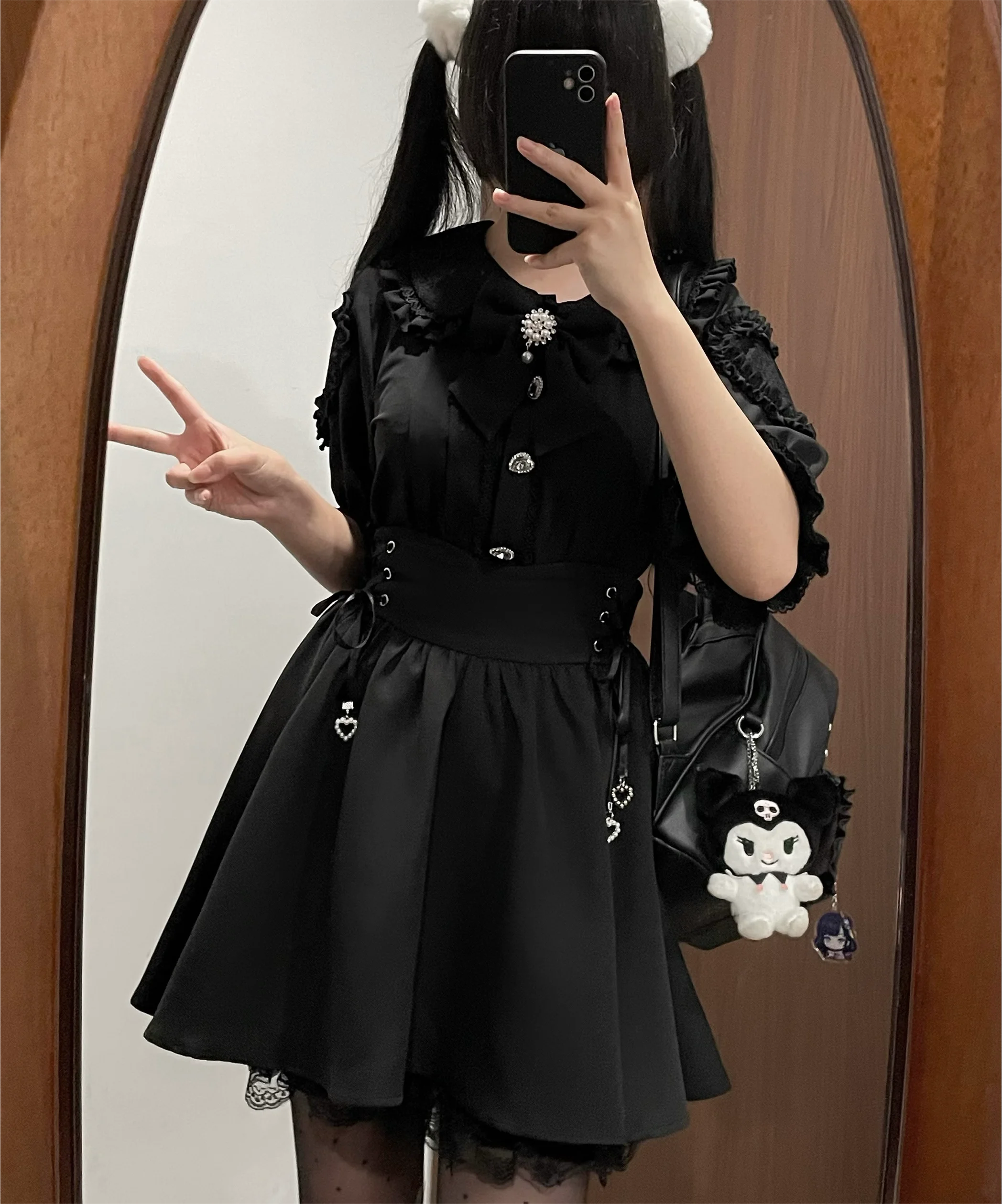 New Summer Japanese Style Mine Sweet Girls Bow Short Sleeve Shirt Blouse High Waist Skirt 2 Piece Set Women's Lolita Outfits