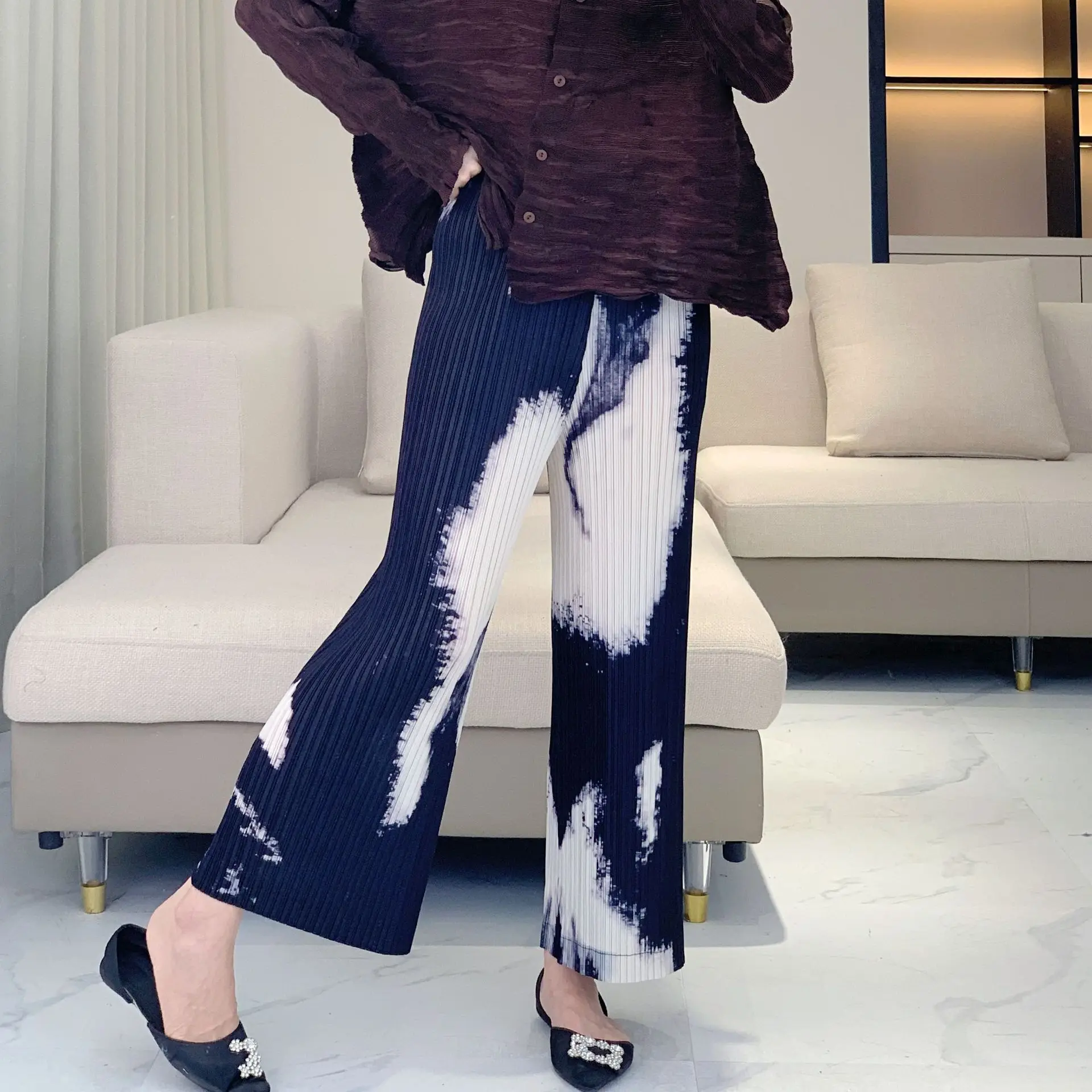 

Miyake Pleated New Straight Leg Pants Women's High Waist Casual Versatile Nine-Tenths Length Pants Fashionable Tie-Dye Pants