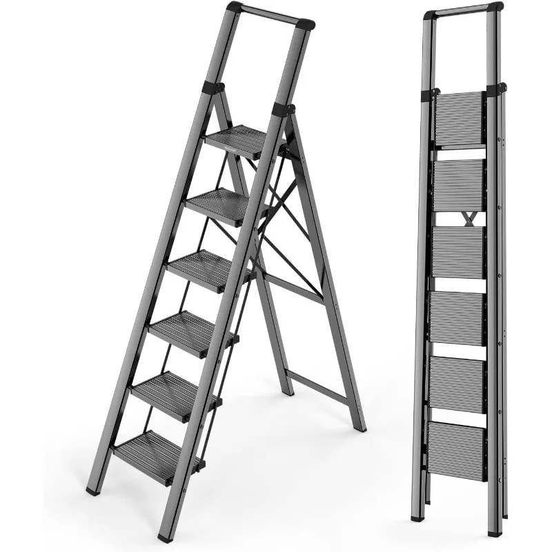 

6 Step Ladder, Lightweight Foldable Ladder with Non-Slip Wide Pedals, Stepladder with Safe Handrail, Space Saving