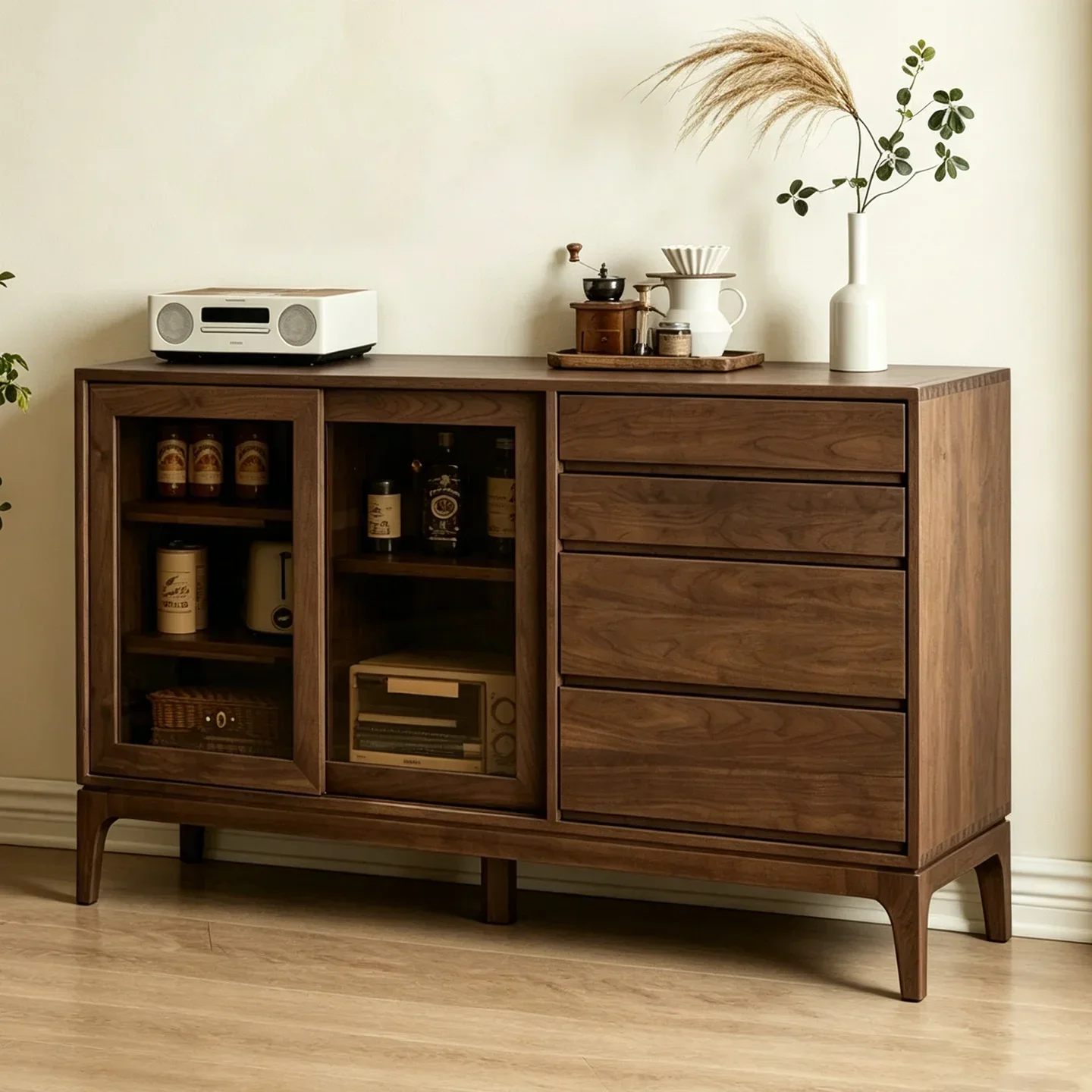 Black Walnut Side Cabinet Modern Simple Dining Room Glass Tea Cabinet Coffee Cabinet Living Room Storage
