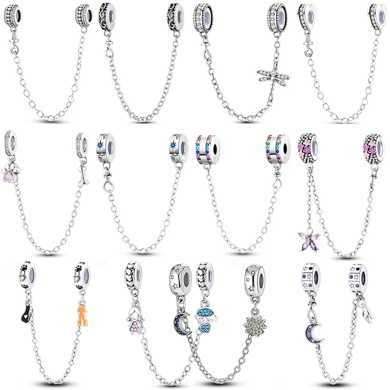 New Silver Plated Safety Chain Series Pink Cat Moon Star Silicone Stoppers Clip Charm fit Original Bracelet Necklace Color DIY W