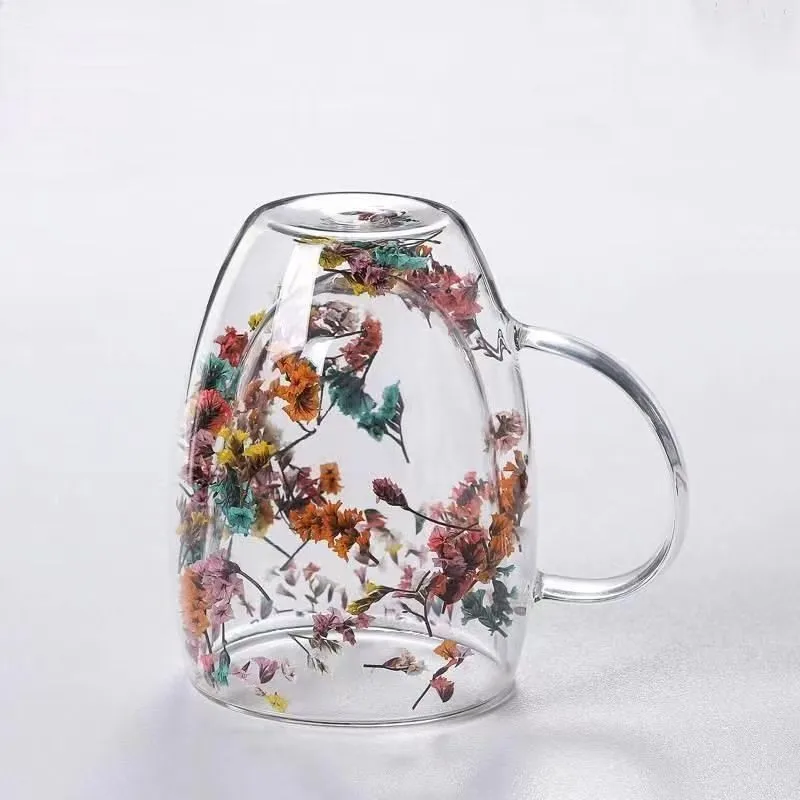 2Pcs Double Wall Glass Coffee Mug with Handles Clear Milk Cups Gifts Glass Cup Fill Artificial Simulation Flowers Teacup Gift