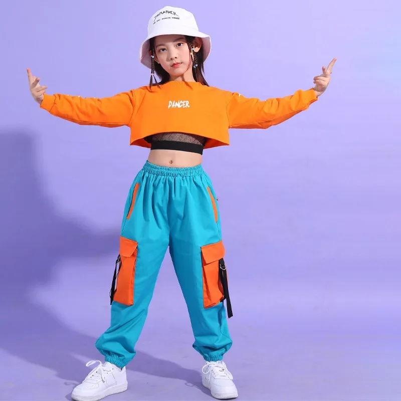 Hip Hop Girls Crop Top contrast Cargo Pants Child Jazz Joggers Streetwear Sweatshirt Kids Street Dance Cheerleader Clothes Sets