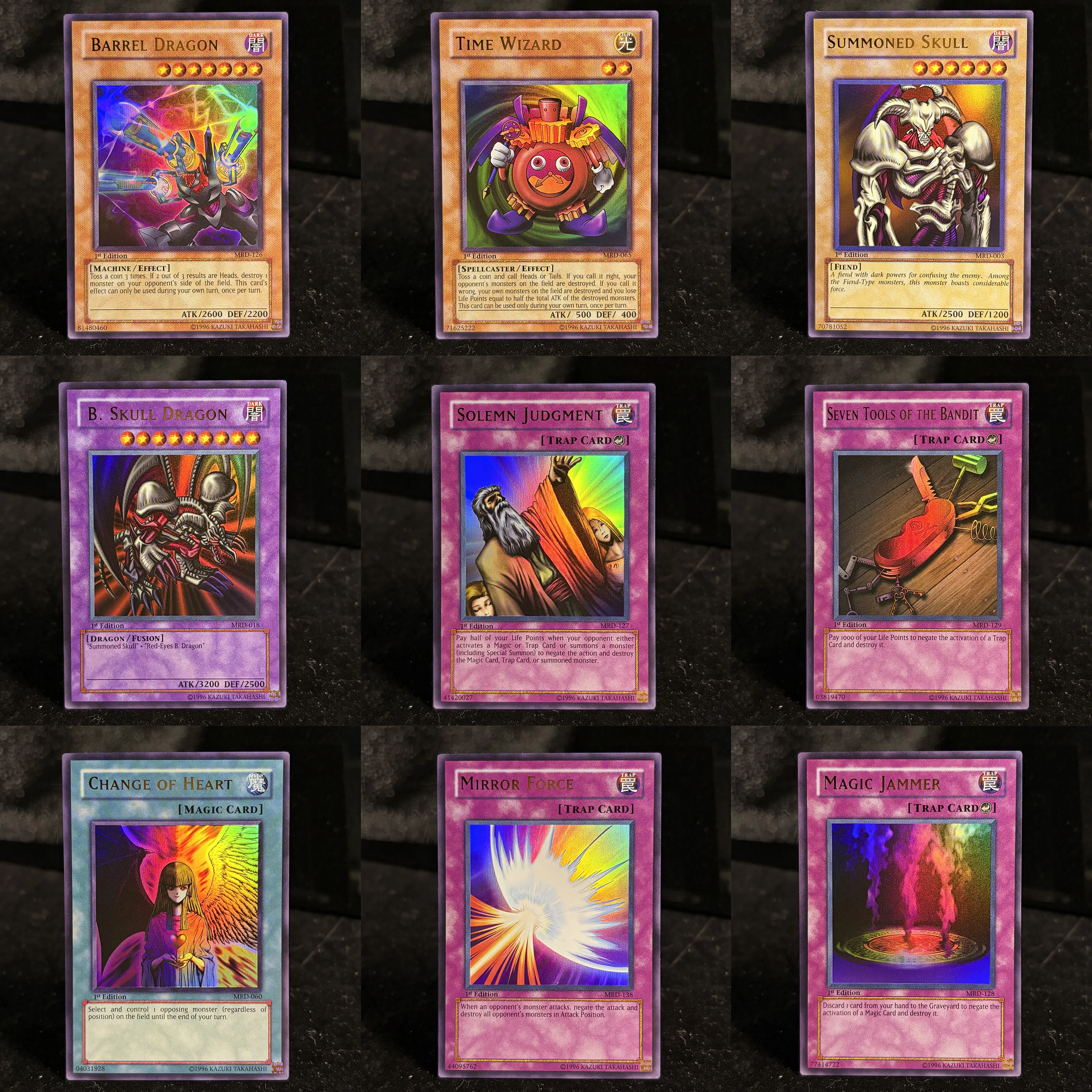 

Набор из 9 металлических карт YUGIOH Metal Raiders (MRD) 1-го выпуска: Summoned Skull, Mirror Force, Change Heart, Solemn Judgment, 2002, винтажные коллекционные карты
