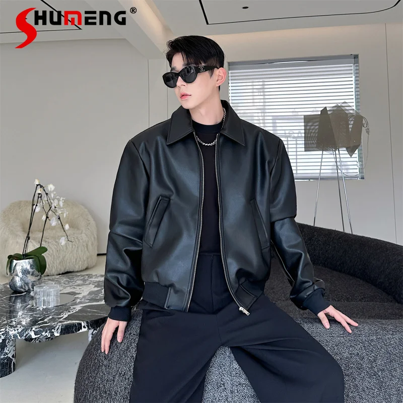 

Men's 2025 Autumn New Loose Comfort Stylish Motorcycle Jackets Retro Short Style PU Leather Lapel Jacket Long Sleeve Chic Coats