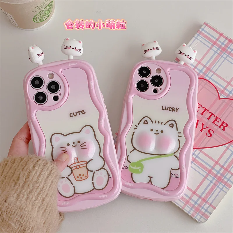 Fashion Wave Edge 3D Ears Cat Silicone Phone Case For iPhone 15 Pro Max 14 13 11 12 Release Pressure Push It Bubble Cover Funda