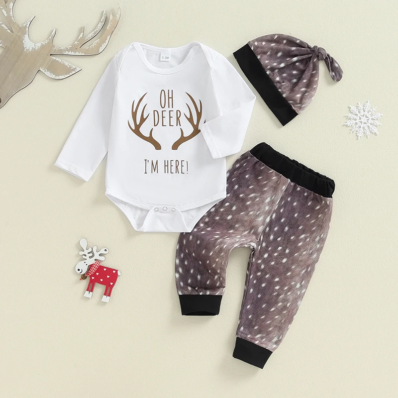 

Newborn Autumn Fall Outfit Infant Baby Boy Letter Deer Antler Long Sleeve Romper Bodysuit Pants Hat 3Pcs Clothes Set