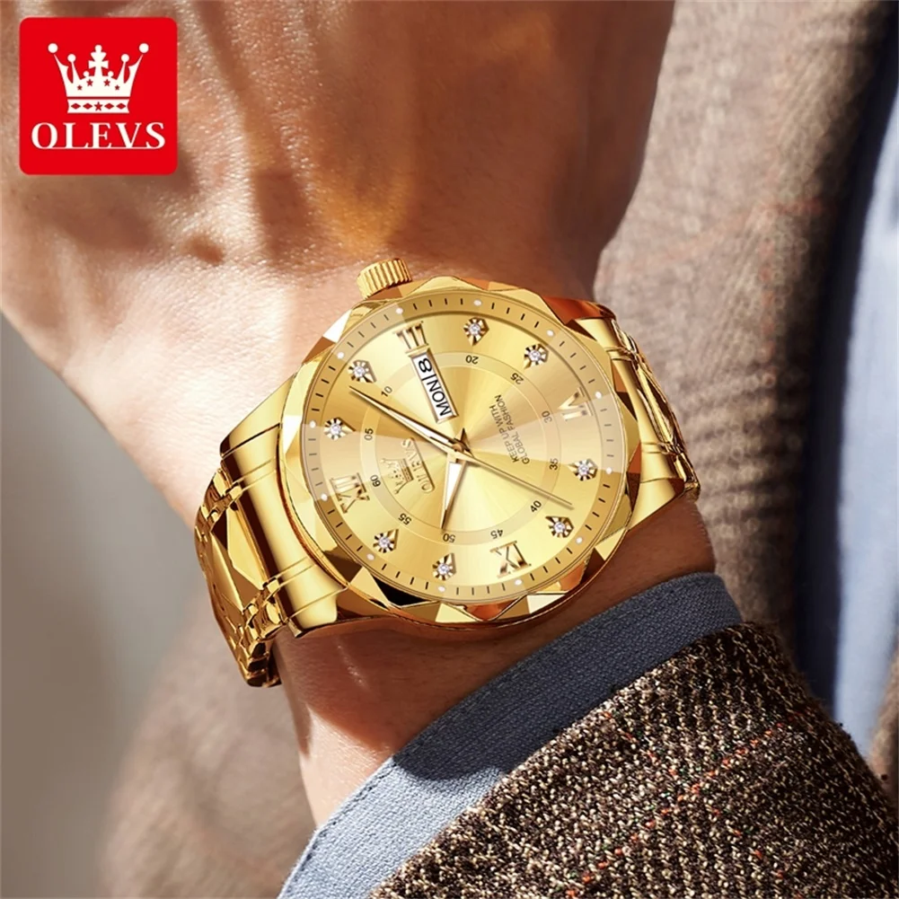 OLEVS 5609 orologio al quarzo originale per uomo moda specchio a forma di diamante doppio calendario orologio da polso da uomo in acciaio inossidabile impermeabile