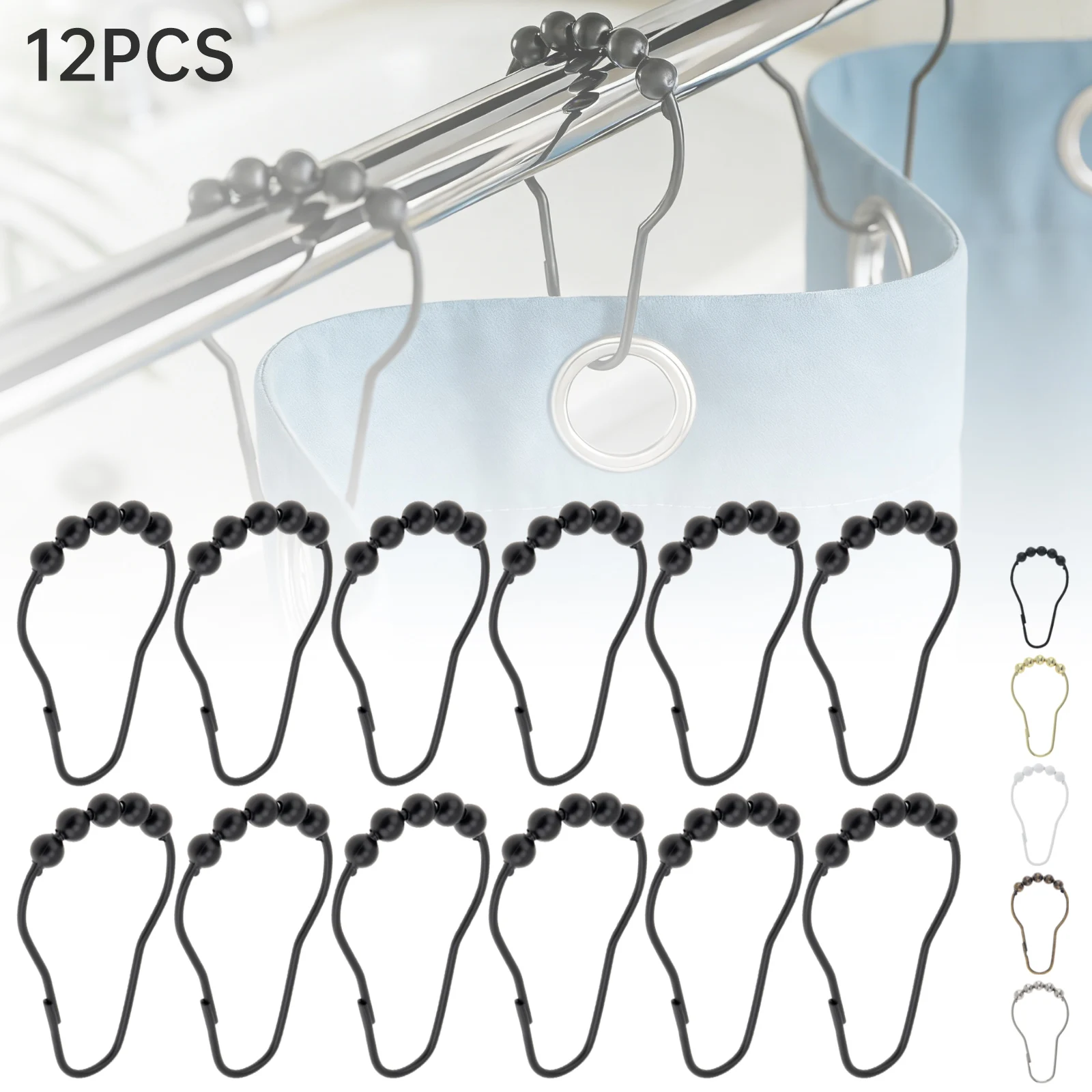 12 Pcs Metal Bathroom Shower Curtain Hooks with 5 Roller Balls Closed Buckle Bathroom Shower Rods Curtain Hanging Rings Hooks