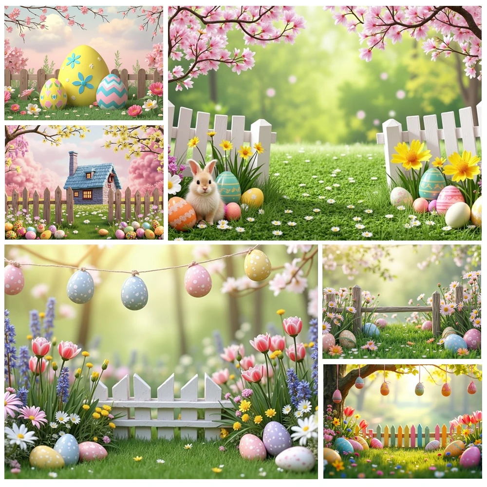 

MOON.QG Enchanted Easter Yard Backdrop Mini Cottage Bunny Hanging Egg Backgrounds For Photographs Portrait Photocall Wallpaper