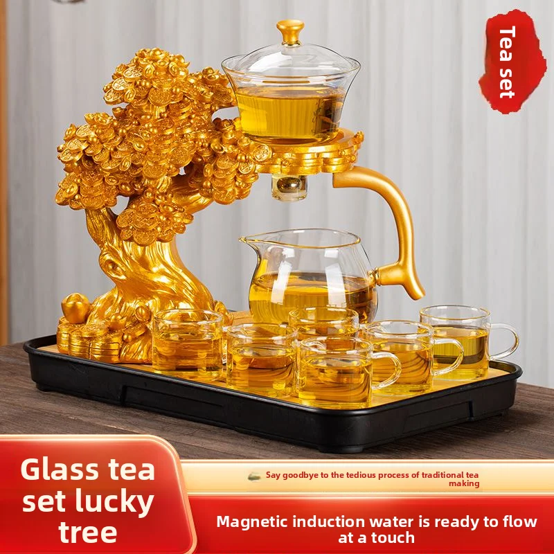 Glass Tea Set Fortune Tree Magnetic Self Brewing Teapot Gift Box
