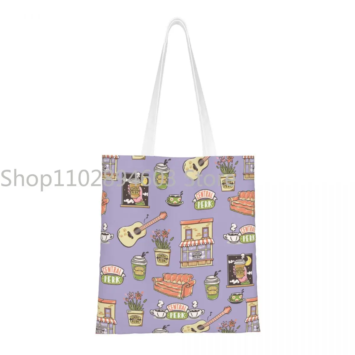 

Central Perk Friends Canvas Tote Bag Eco-Friendly Large Capacity Grocery Bag for Unisex Purple Icon Pattern Travel Bags