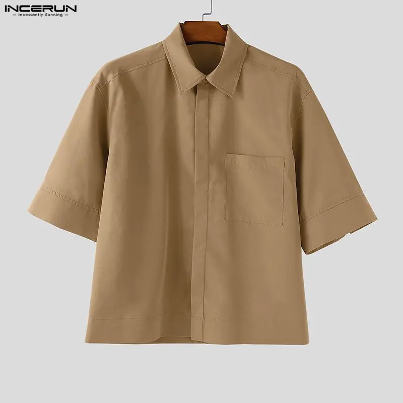 

INCERUN Men Shirt Solid Color Lapel Short Sleeve Pockets Casual Men Clothing Streetwear Fashion Korean Style Male Tops S-5XL