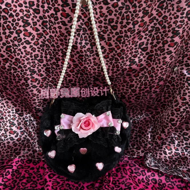Original Handmade Lolita Bags for Girl Love Ji Gal Plush Pearl Portable Cute Heart Chain Bow Top-Handle Bag Sweet Handbag