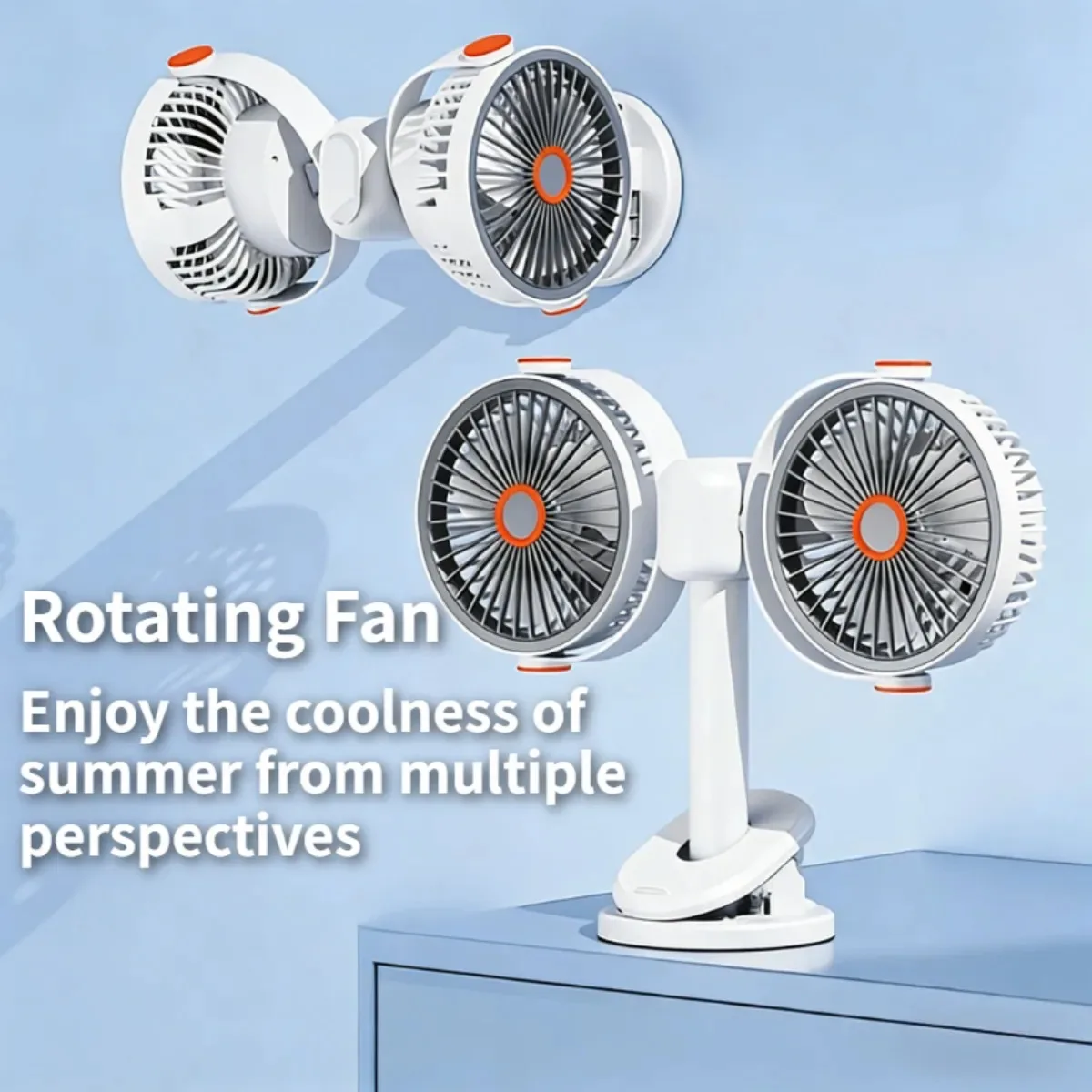 USB Desktop Dual Head Fan with Clip,360° Adjustable,with 5 Speeds Night Light,Wall Mount,Standing Hanging for Bedroom,Camping
